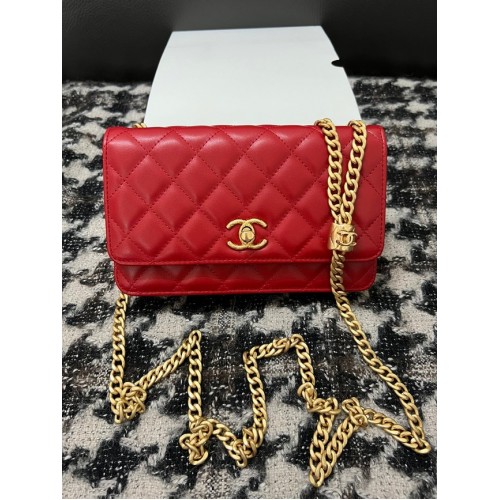 Chanel WALLET ON CHAIN Lambskin Gold-Tone Metal AP3043 red