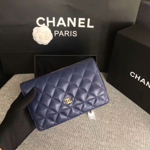 Chanel WOC Flap Bag Dark Blue Original Sheepskin Leather 33814 Glod