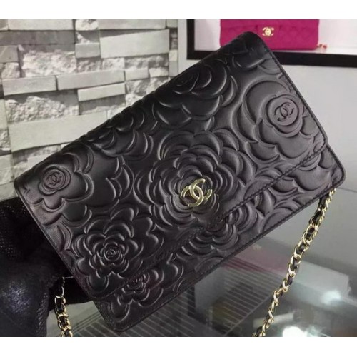 Chanel WOC Flap Bag Original Black Camellia Leather A5373 Gold