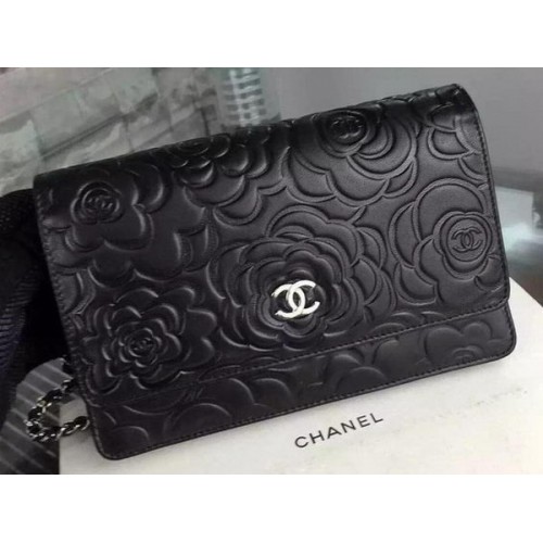 Chanel WOC Flap Bag Original Black Camellia Leather A5373 Silver