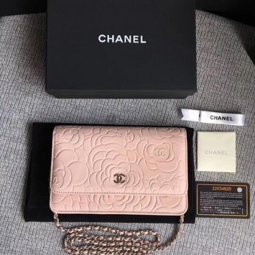 Chanel WOC Pink Camellia Leather mini Flap Bag A33814 Silver