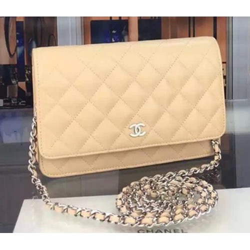 Chanel WOC mini Flap Bag Apricot Sheepskin A5373 Silver