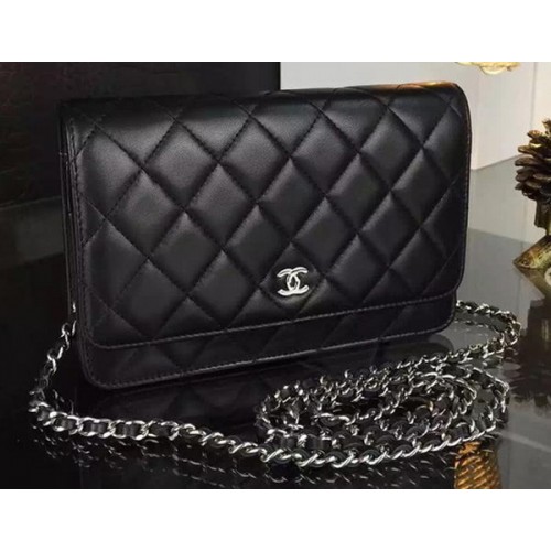 Chanel WOC mini Flap Bag Black Sheepskin A5373 Silver