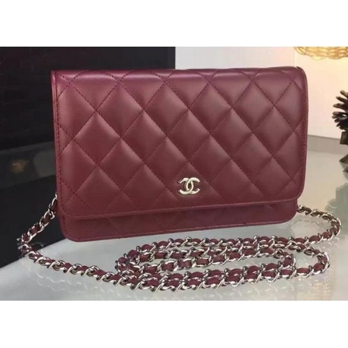 Chanel WOC mini Flap Bag Burgundy Sheepskin A5373 Silver