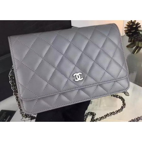 Chanel WOC mini Flap Bag Grey Sheepskin A5373 Silver
