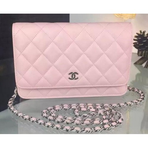 Chanel WOC mini Flap Bag Pink Sheepskin A5373 Silver