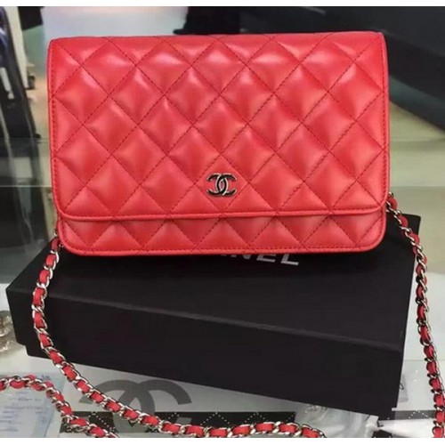 Chanel WOC mini Flap Bag Red Sheepskin A5373 Silver