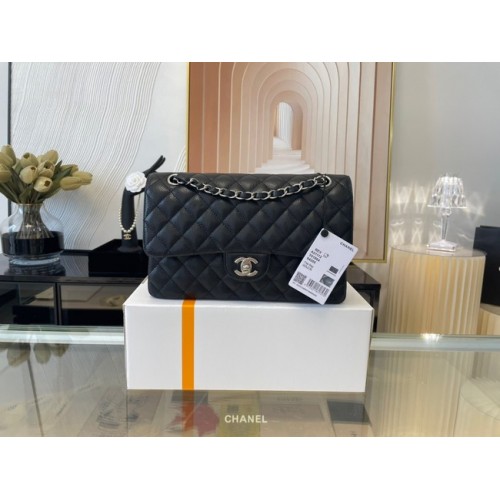 Chanel classic handbag Grained Calfskin&silver Metal 01112 black