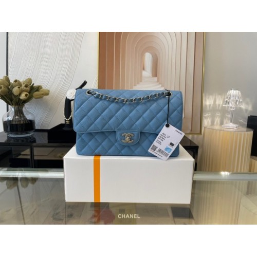 Chanel classic handbag Grained Calfskin&silver Metal 01112 sky blue