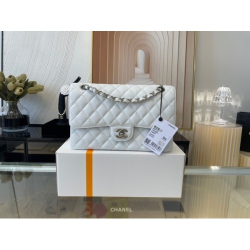 Chanel classic handbag Grained Calfskin&silver Metal 01112 white