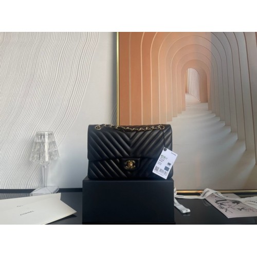 Chanel classic handbag Lambskin gold Metal V01112 black