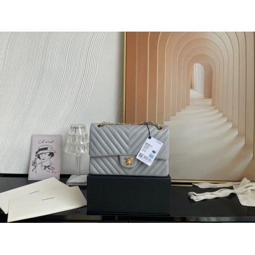 Chanel classic handbag Lambskin gold Metal V01112 gray