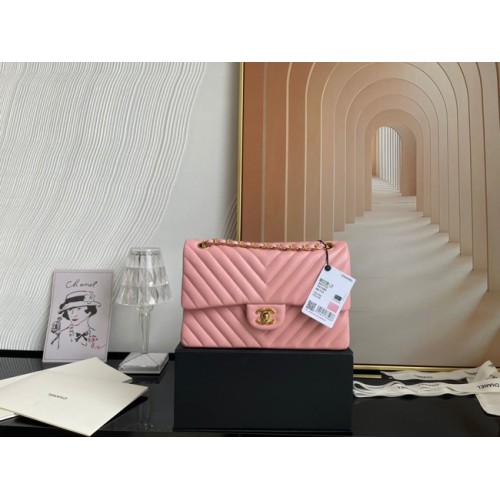 Chanel classic handbag Lambskin gold Metal V01112 pink