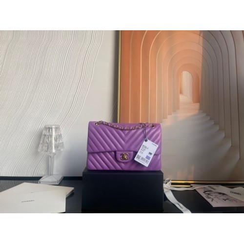 Chanel classic handbag Lambskin gold Metal V01112 purple