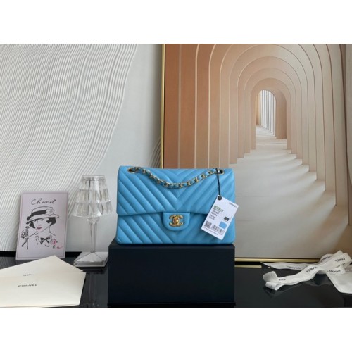 Chanel classic handbag Lambskin gold Metal V01112 sky blue