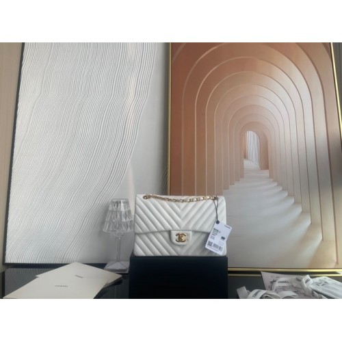 Chanel classic handbag Lambskin gold Metal V01112 white