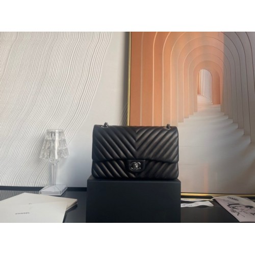 Chanel classic handbag Lambskin silver Metal V01112 black