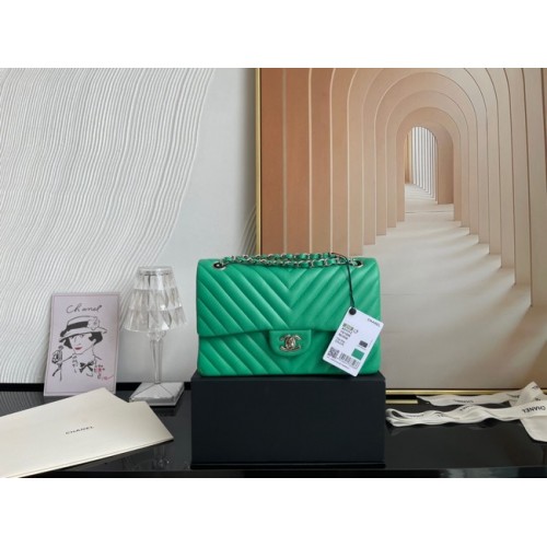 Chanel classic handbag Lambskin silver Metal V01112 green