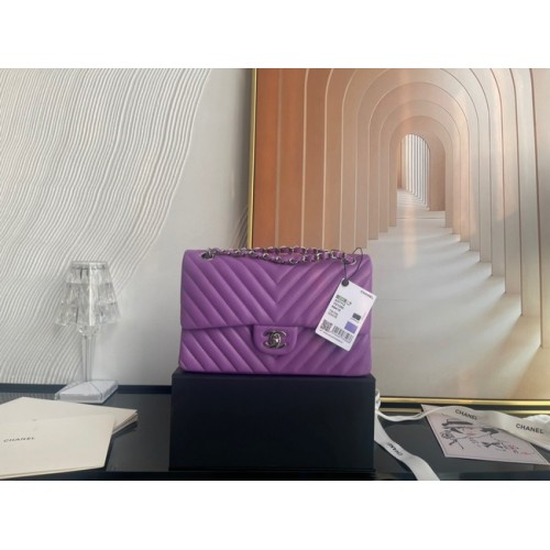 Chanel classic handbag Lambskin silver Metal V01112 purple