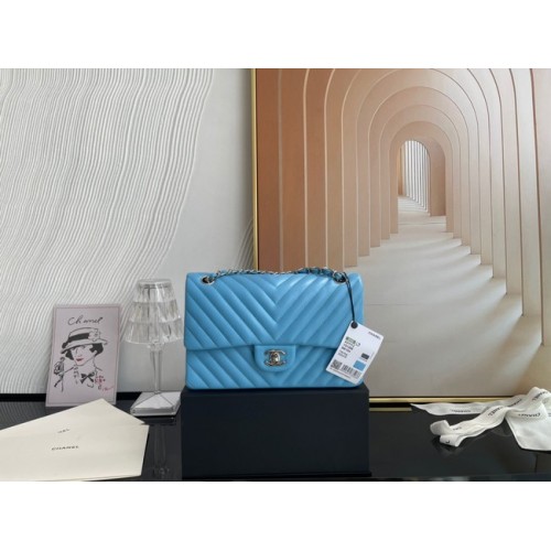 Chanel classic handbag Lambskin silver Metal V01112 sky blue