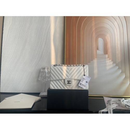 Chanel classic handbag Lambskin silver Metal V01112 white