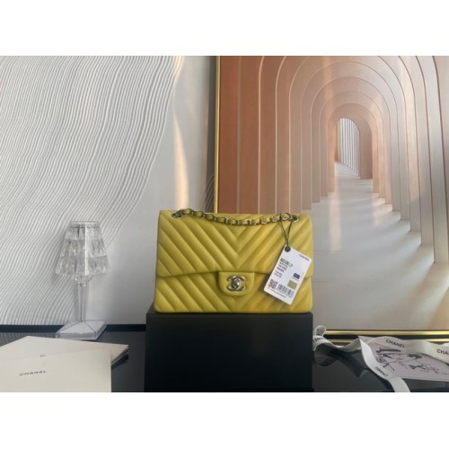 Chanel classic handbag Lambskin silver Metal V01112 yellow