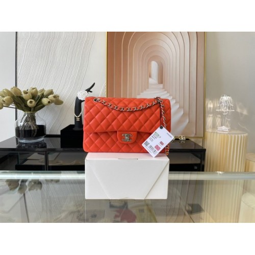 Chanel classic handbag Lambskin&silver Metal 01112 orange