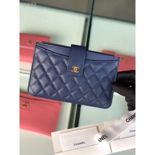 Chanel classic pouch Grained Calfskin Gold-Tone Metal A81902 blue