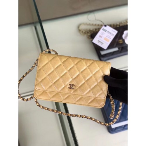 Chanel classic wallet on chain Grained Calfskin Silver-Tone Metal 33814 Pearlescent apricot