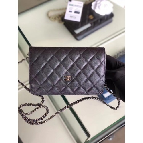 Chanel classic wallet on chain Grained Calfskin Silver-Tone Metal 33814 Pearlescent black