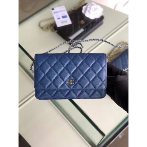 Chanel classic wallet on chain Grained Calfskin Silver-Tone Metal 33814 Pearlescent blue