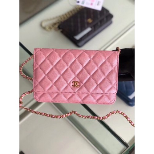 Chanel classic wallet on chain Grained Calfskin gold-Tone Metal 33814 Pearlescent Pink