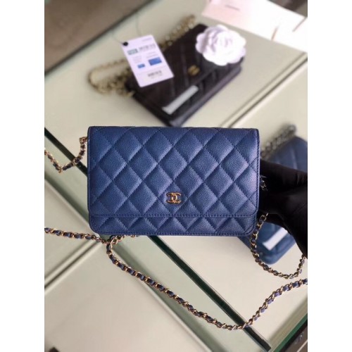 Chanel classic wallet on chain Grained Calfskin gold-Tone Metal 33814 Pearlescent blue