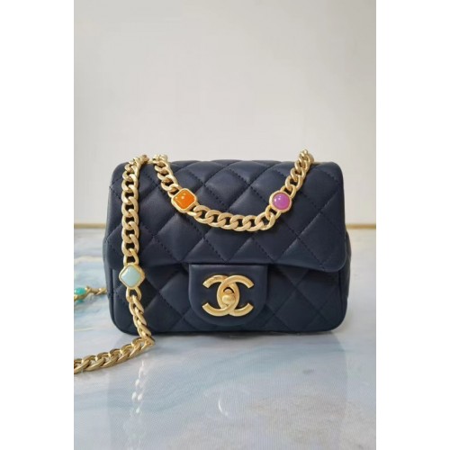 Chanel flap bag Lambskin Resin Gold-Tone Metal AS2379 dark blue