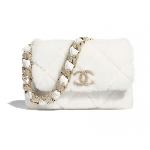 Chanel flap bag Shearling Lambskin Strass Gold-Tone Metal AS2240 White