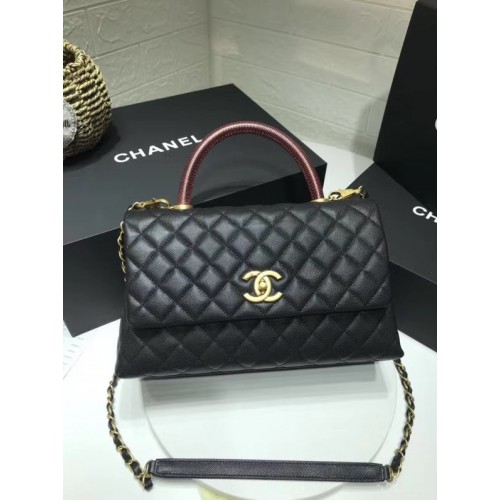Chanel flap bag with red top handle A92991 black