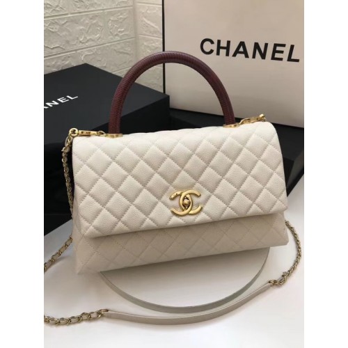 Chanel flap bag with red top handle A92991 white