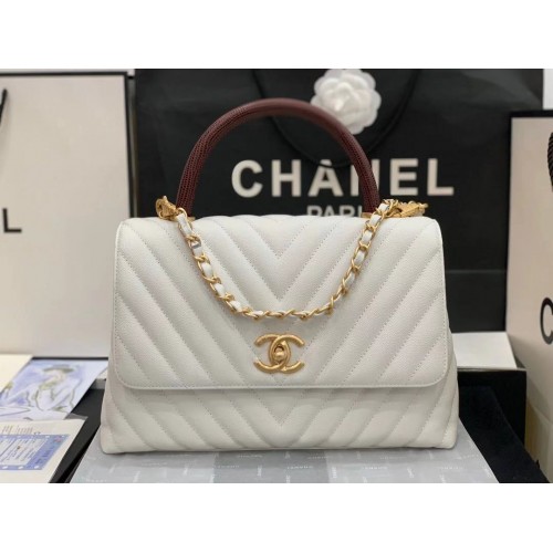 Chanel flap bag with red top handle V92991 white