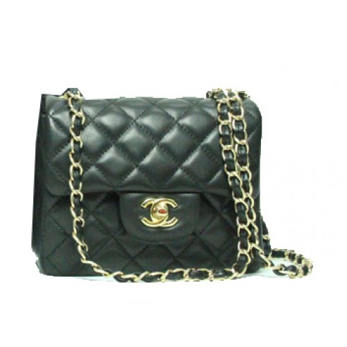 Chanel mini Classic Flap Bag Black Leather 1115 Gold Chain