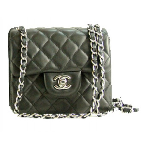Chanel mini Classic Flap Bag Black Leather 1115 Silver Chain