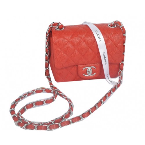 Chanel mini Classic Flap Bag Red Cannage Pattern 1115 Silver