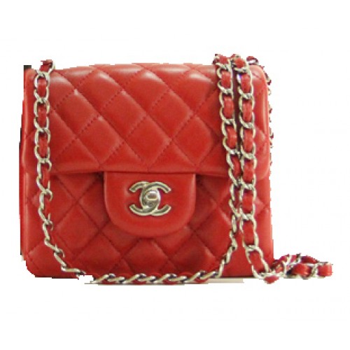 Chanel mini Classic Flap Bag Red Leather 1115 Silver Chain