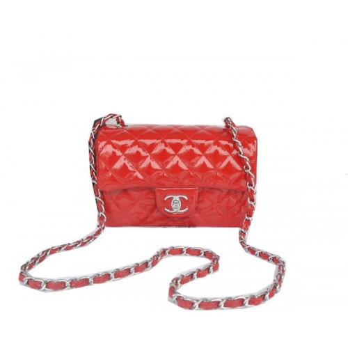 Chanel mini Classic Flap Bag Red Original Patent CHA1116 Silver