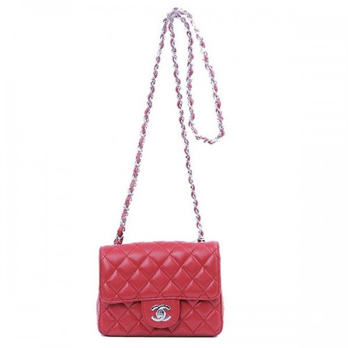 Chanel mini Classic Flap Bag Red Sheekskin 1115 Silver