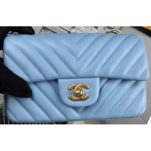 Chanel mini Classic Flap Bag SkyBlue Original Sheepskin Chevron Leather CHA5500 Gold