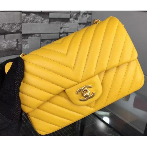 Chanel mini Classic Flap Bag Yellow Original Sheepskin Chevron Leather CHA5500 Gold
