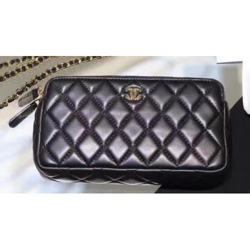 Chanel mini Shoulder Bag Black Sheepskin Leather A7020 Silver