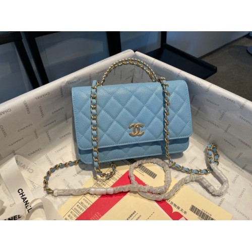 Chanel mini Shoulder Bag Grained Calfskin&Gold-Tone Metal AP2804 light blue