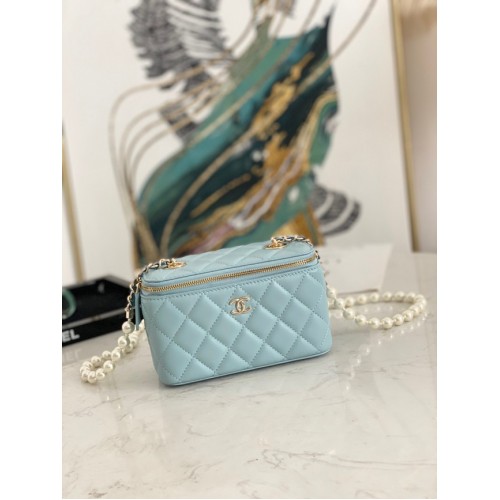 Chanel mini Shoulder Bag Lambskin Imitation Pearls Gold-Tone Metal AS91192 light blue