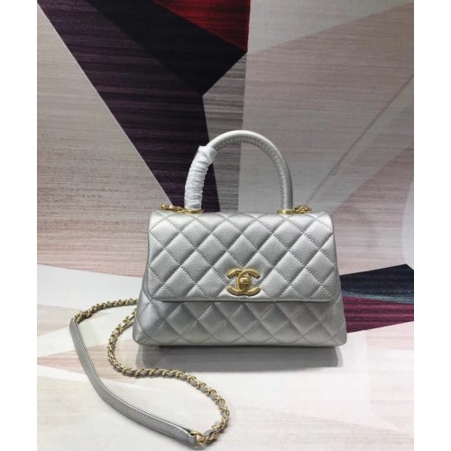 Chanel original Caviar leather flap bag top handle A92290 silvery &gold-Tone Metal